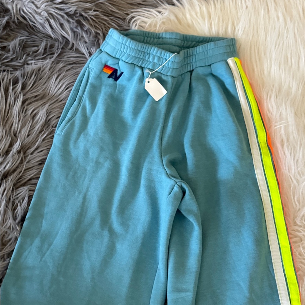 AVIATOR NATION 
5 STRIPE WIDE LEG POCKET SWEATPANTS  AQUA  SZ XS - Picture 4 of 6